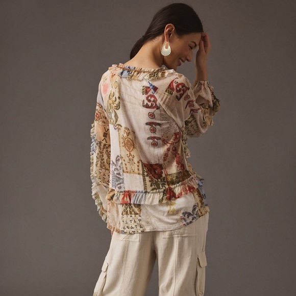 Anthropologie Tiny Bohemian‎ Patchwork Ruffle Blouse Multi-Color Size Small - Picture 2 of 8